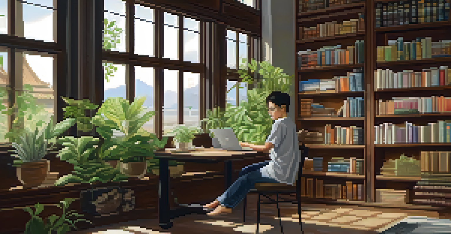 A contemporary Thai author working on a laptop in a cozy café surrounded by bookshelves filled with Thai literature and plants.