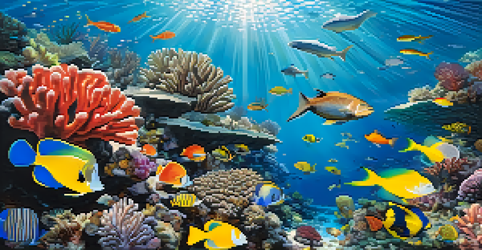 An underwater scene from Tarutao National Marine Park showcasing colorful coral reefs and various fish swimming in clear blue water.