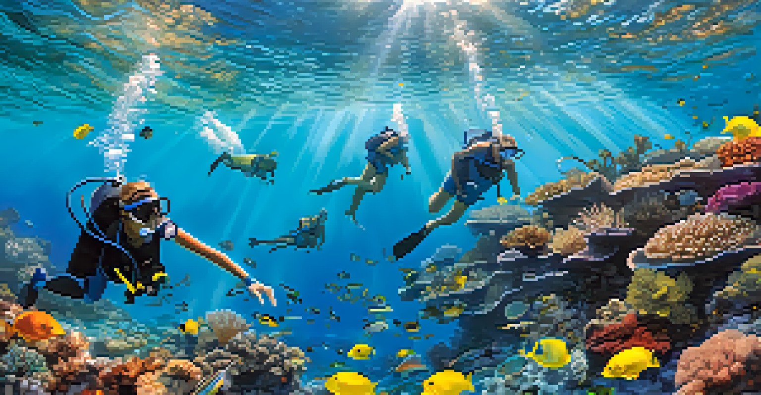 Volunteers snorkeling and cleaning a coral reef, surrounded by colorful fish and corals, emphasizing marine conservation.