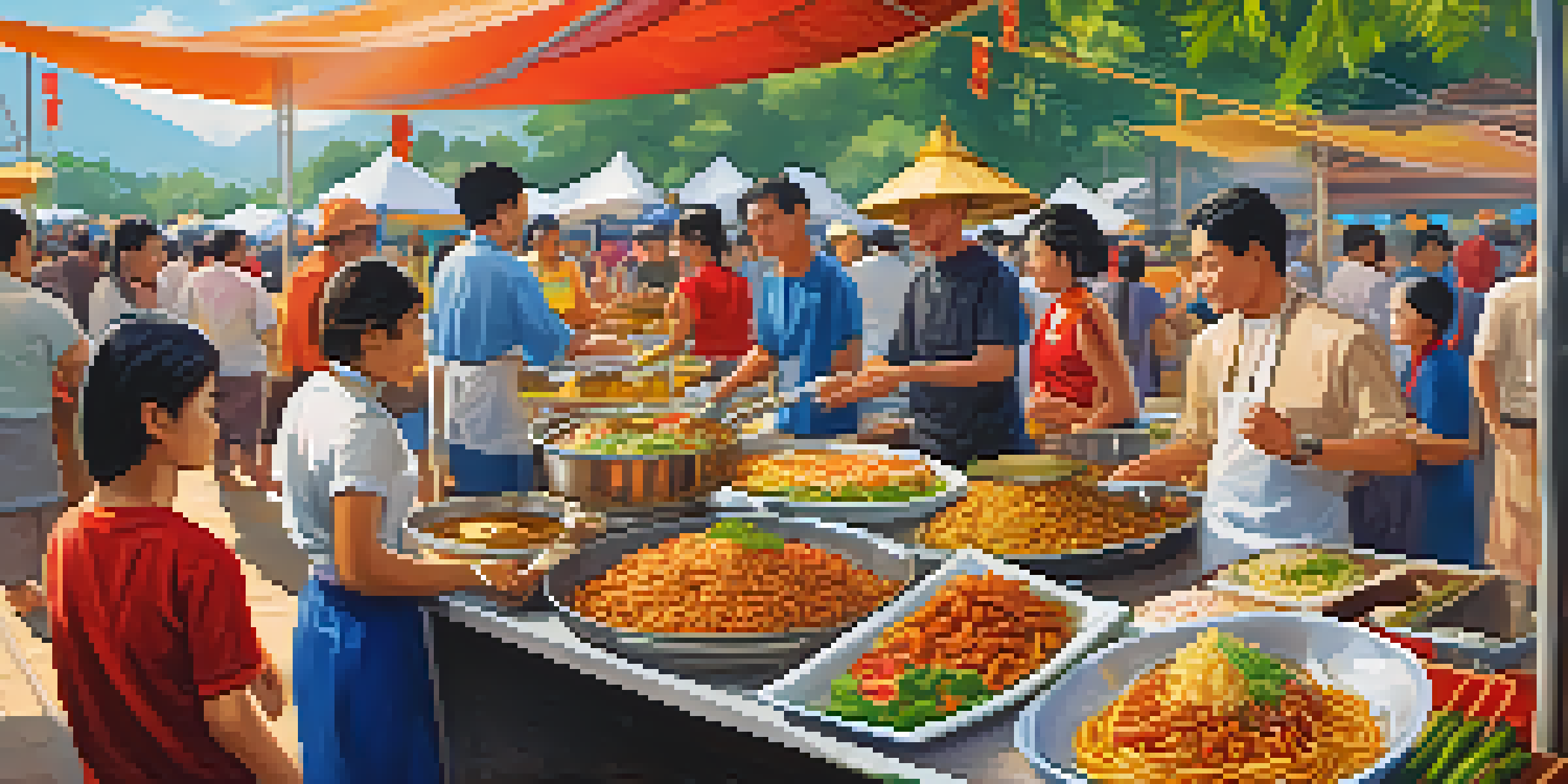 A lively Thai food festival in Chiang Mai with chefs cooking and people enjoying various dishes amidst colorful food stalls and greenery.