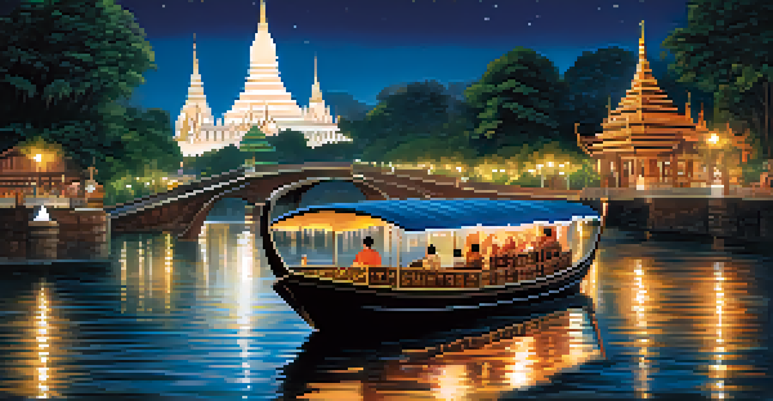 A peaceful nighttime river cruise in Chiang Mai, highlighting a lit boat with passengers dining and scenic landmarks illuminated in the background.