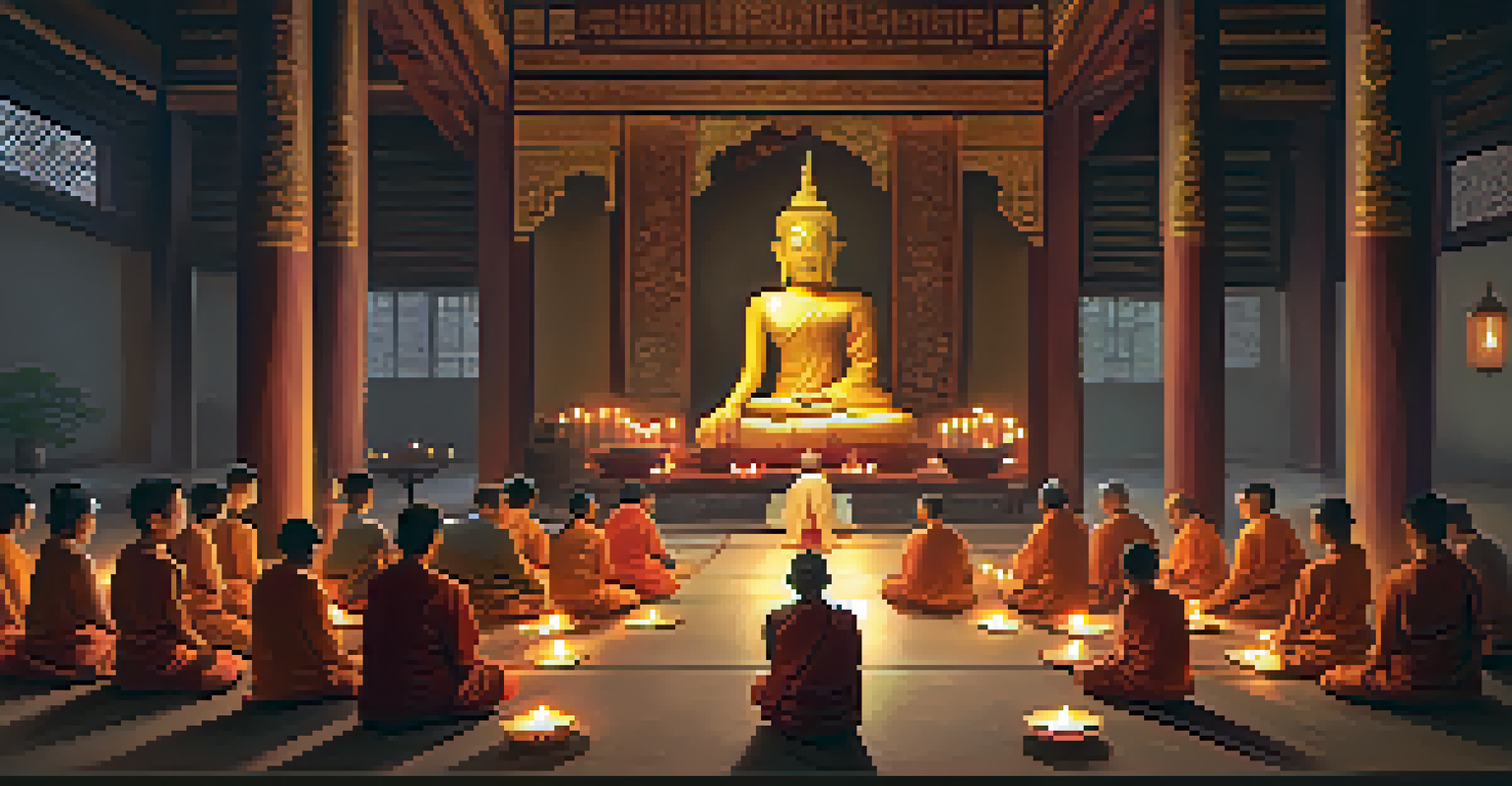 A meditation session at a Thai temple with a monk and visitors seated on the floor surrounded by candles and incense, creating a peaceful atmosphere.