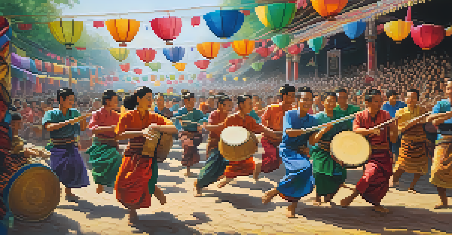 A lively folk music festival in Isan with musicians and dancers celebrating, surrounded by colorful decorations.