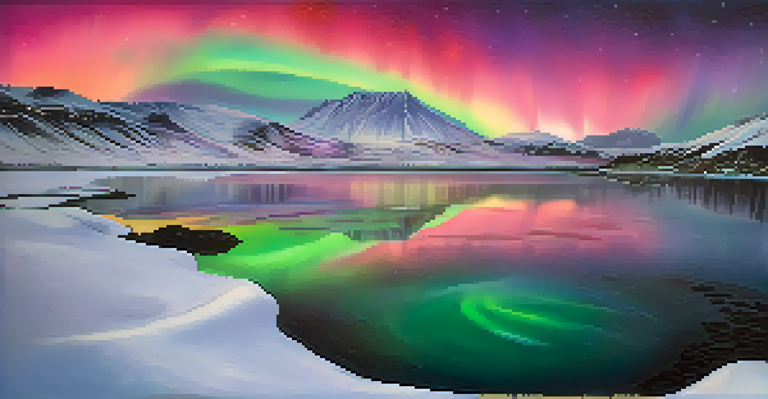A geothermal hot spring in Iceland illuminated by the Northern Lights with snow-capped mountains in the background.
