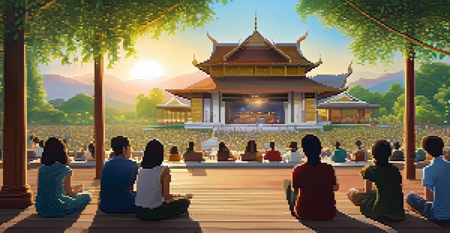 An open-air scene from the Chiang Mai Film Festival, with filmmakers and audiences gathered amidst lush greenery and traditional architecture.