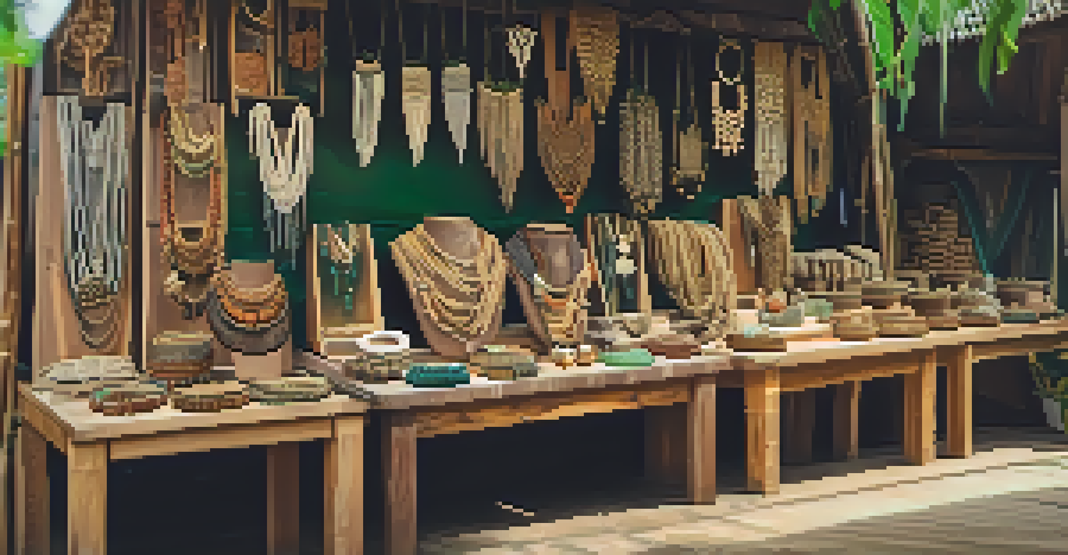 A rustic display of eco-friendly handmade jewelry made from natural materials at a craft market, set against a backdrop of greenery and warm lighting.