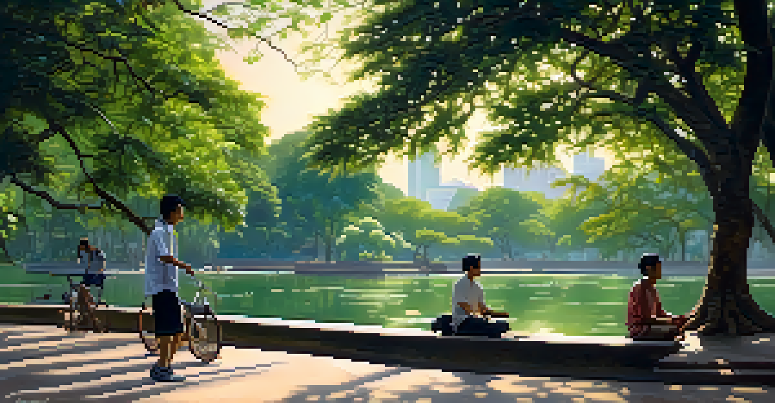 A peaceful morning in Lumpini Park with greenery, sunlight, and locals practicing tai chi.
