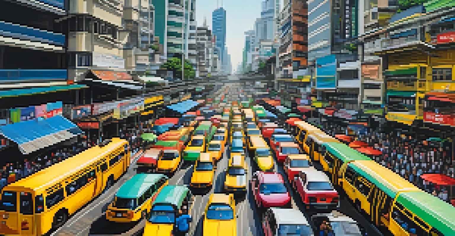 An aerial view of Bangkok with the Skytrain above busy streets filled with taxis and vendors.