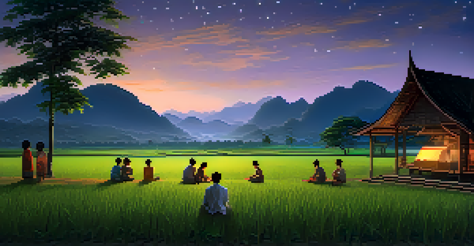 A peaceful Thai village scene at dusk with villagers watching a film outdoors in rice fields.