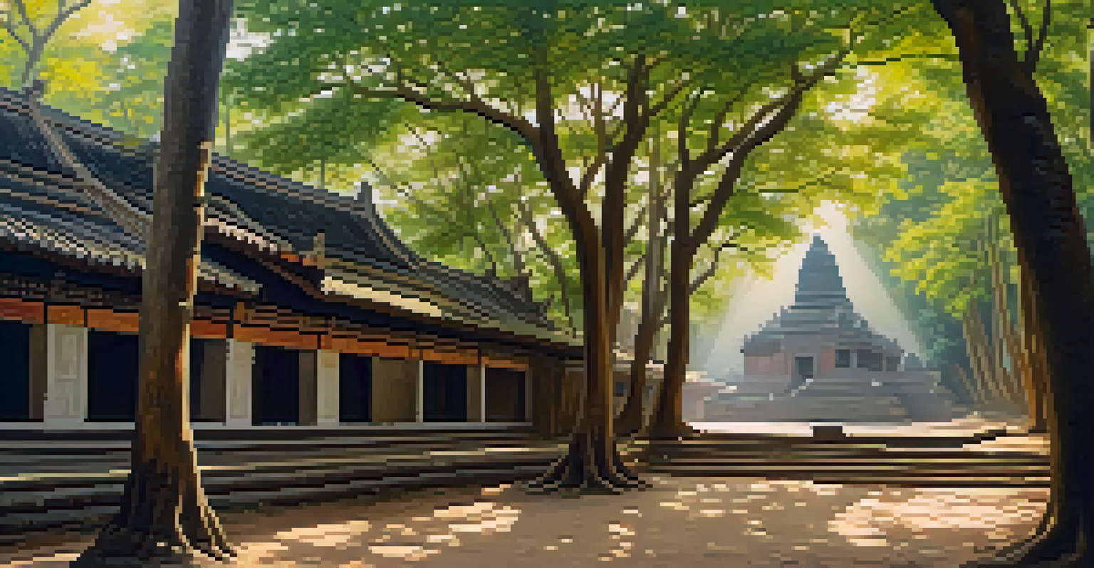 A peaceful view of Wat Umong's ancient meditation tunnels in a forest, with sunlight filtering through the trees and visitors walking along the paths.