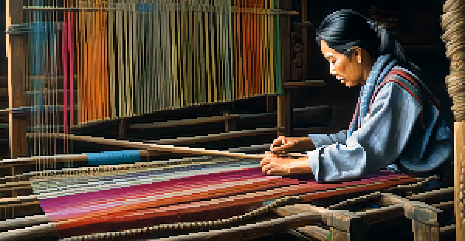 A skilled artisan weaving colorful silk textiles on a traditional loom in a rustic workshop in Northern Thailand.