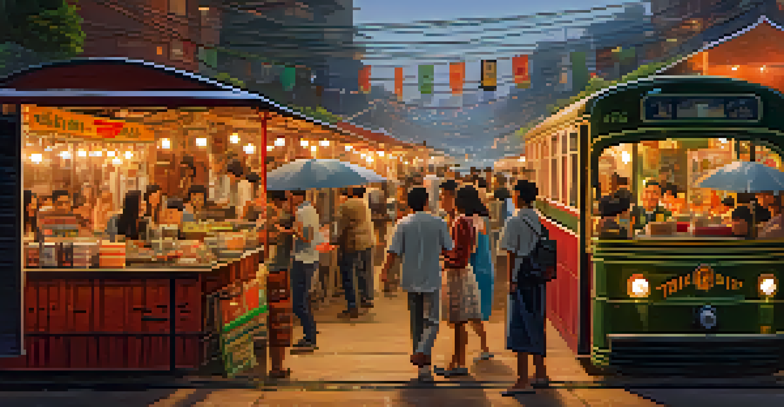 A vintage market scene with train cars filled with collectibles, illuminated by warm lights and filled with people enjoying food and music.