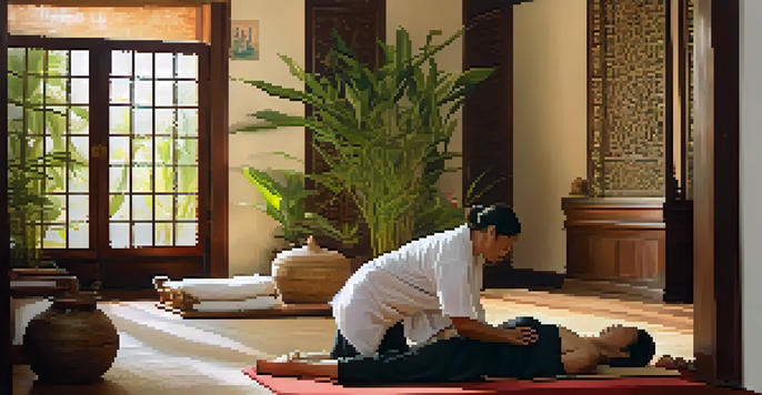A tranquil Thai massage scene with a practitioner and client, emphasizing relaxation and breath focus in a softly lit room.