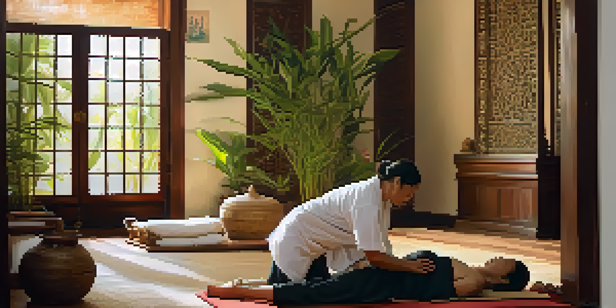 A tranquil Thai massage scene with a practitioner and client, emphasizing relaxation and breath focus in a softly lit room.
