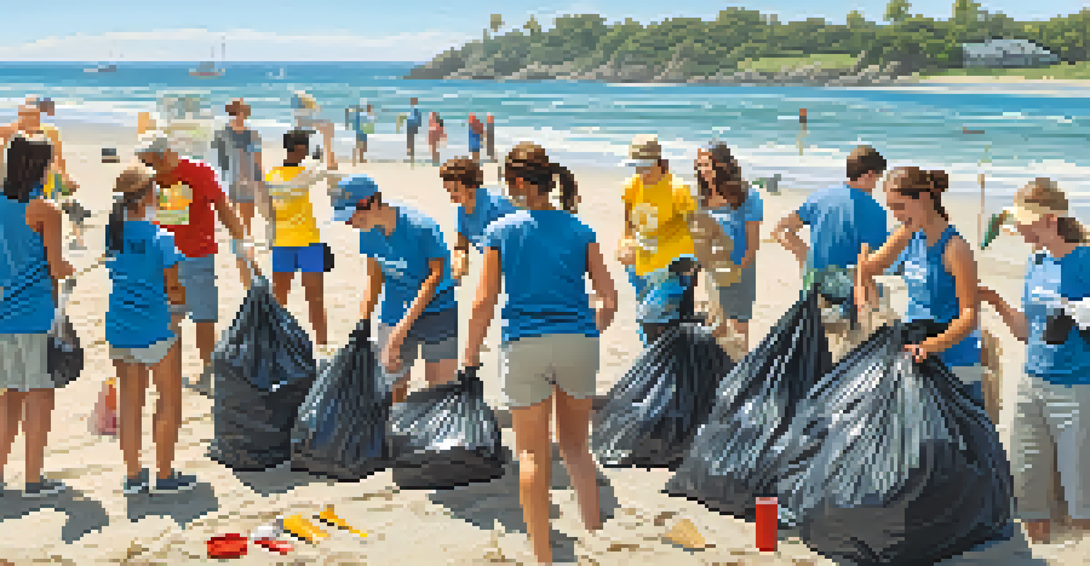 Volunteers cleaning a beach, smiling and working together with collected trash bags on the sand.