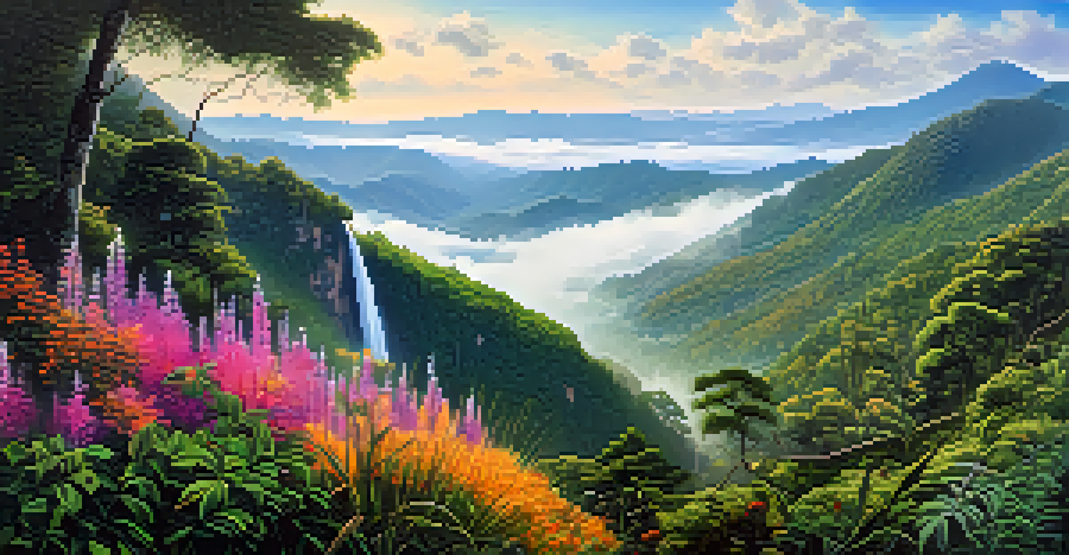A panoramic view from Doi Inthanon National Park with rainforests, mountains, and a waterfall surrounded by wildflowers.