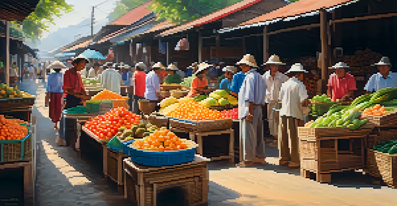 A lively local market in Thailand filled with colorful fruits and vegetables, with locals interacting and enjoying the atmosphere.