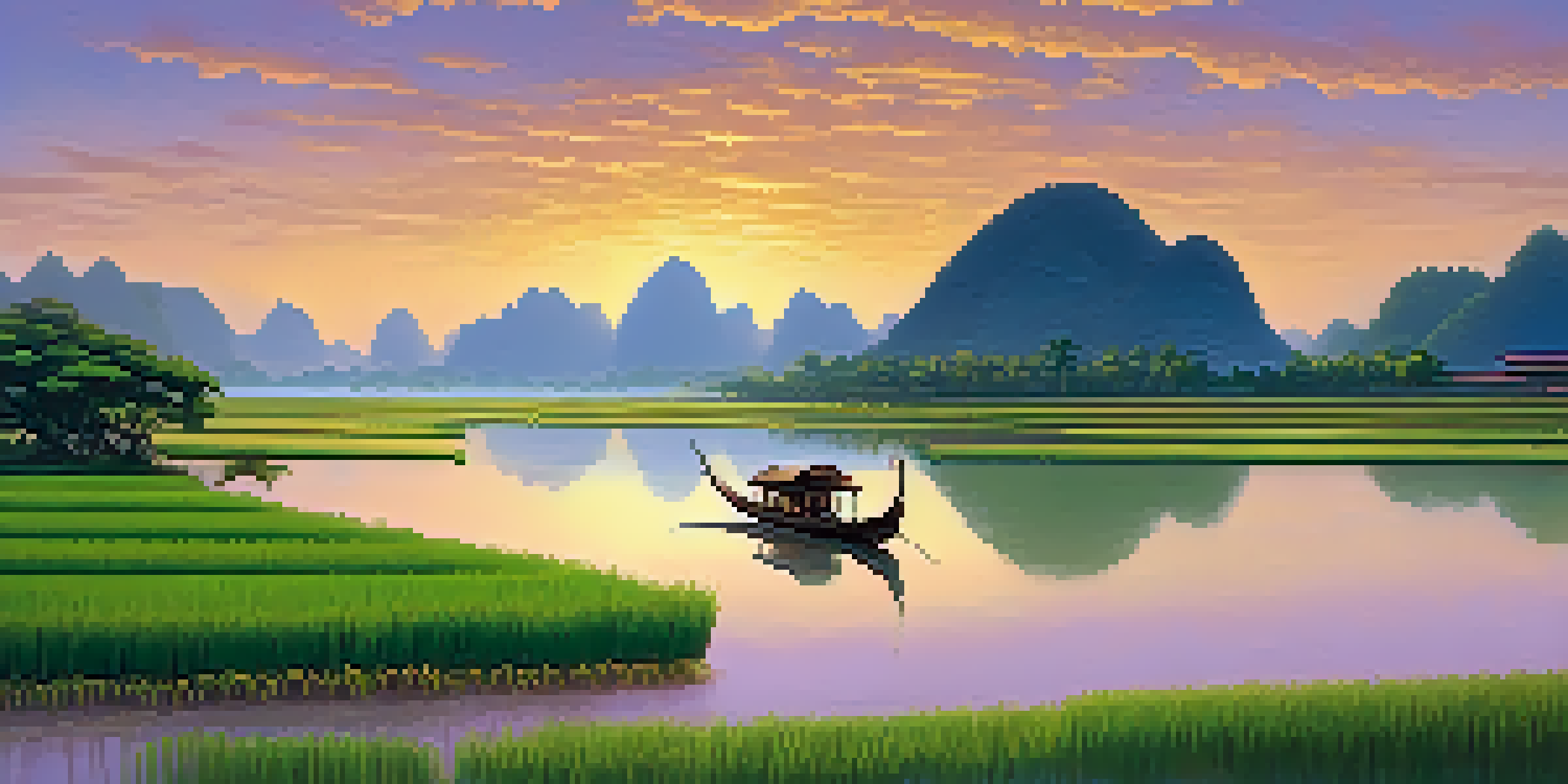 A picturesque view of rice fields and the Mekong River at sunset, with a traditional wooden boat and distant mountains.