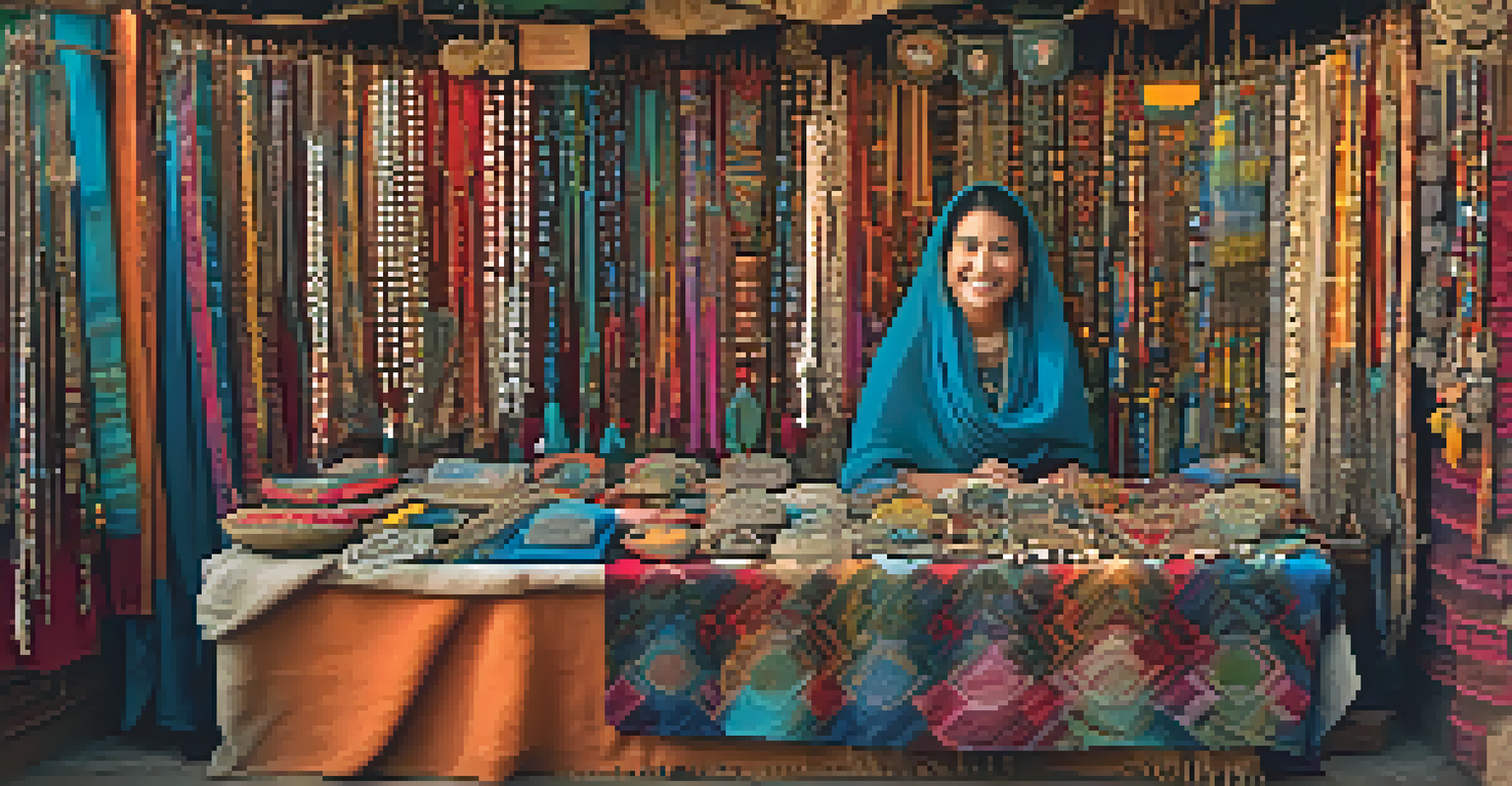 A vendor's stall featuring handmade jewelry and intricate textiles, with the vendor engaging with a customer in warm lighting.