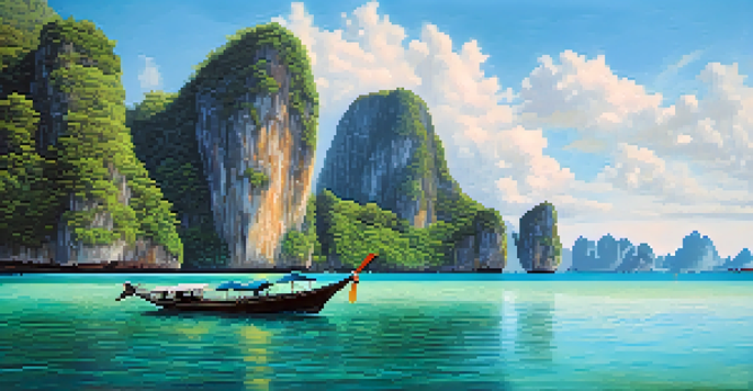 A long-tail boat navigating through clear turquoise waters with lush green islands and blue skies in the background.