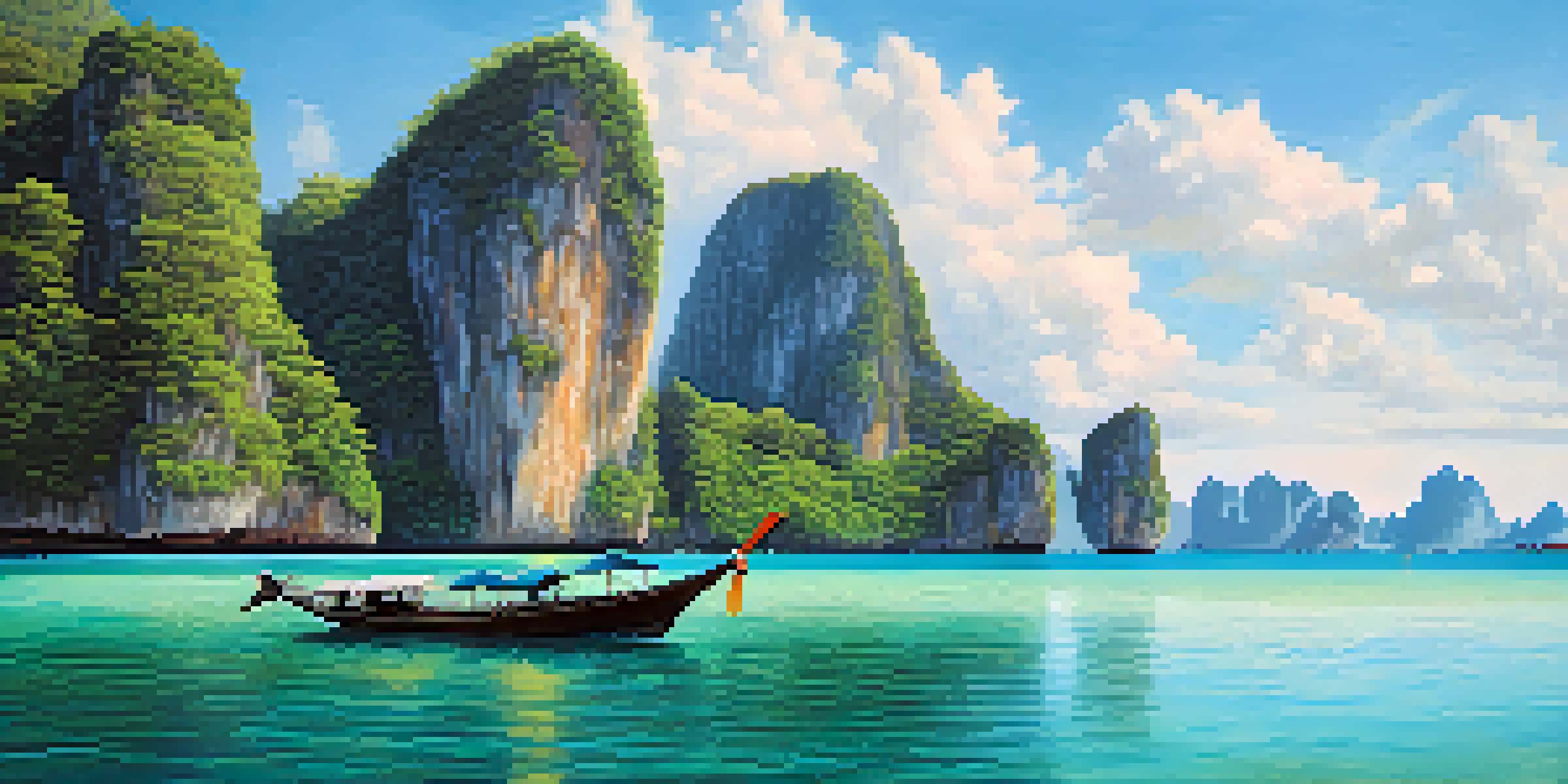 A long-tail boat navigating through clear turquoise waters with lush green islands and blue skies in the background.