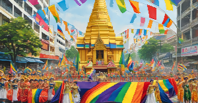 A lively parade scene from Bangkok Pride, with diverse participants in colorful costumes and rainbow flags against an urban backdrop.