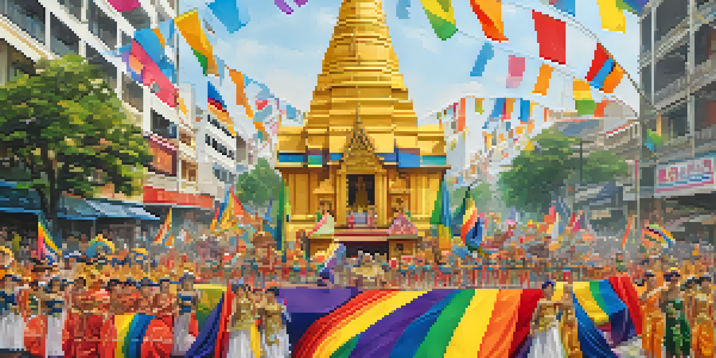A lively parade scene from Bangkok Pride, with diverse participants in colorful costumes and rainbow flags against an urban backdrop.