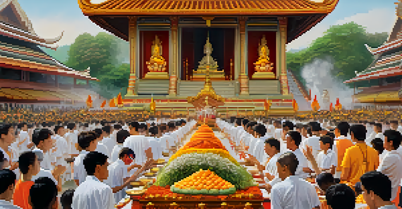 Devotees praying at a temple during the Thai Vegetarian Festival, with offerings and incense smoke creating a spiritual ambiance.