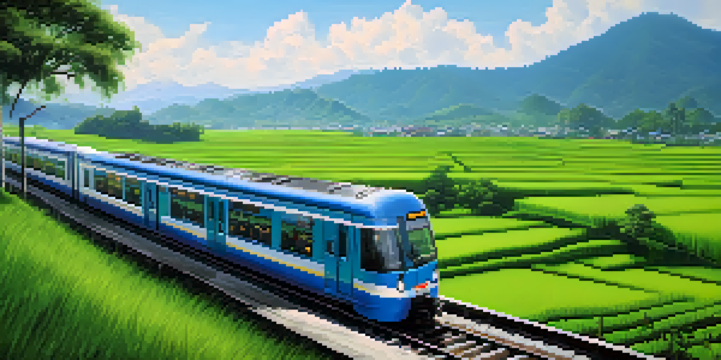 A panoramic view of Thailand's countryside from a train, featuring rice paddies and mountains in the background, with a misty peak visible.