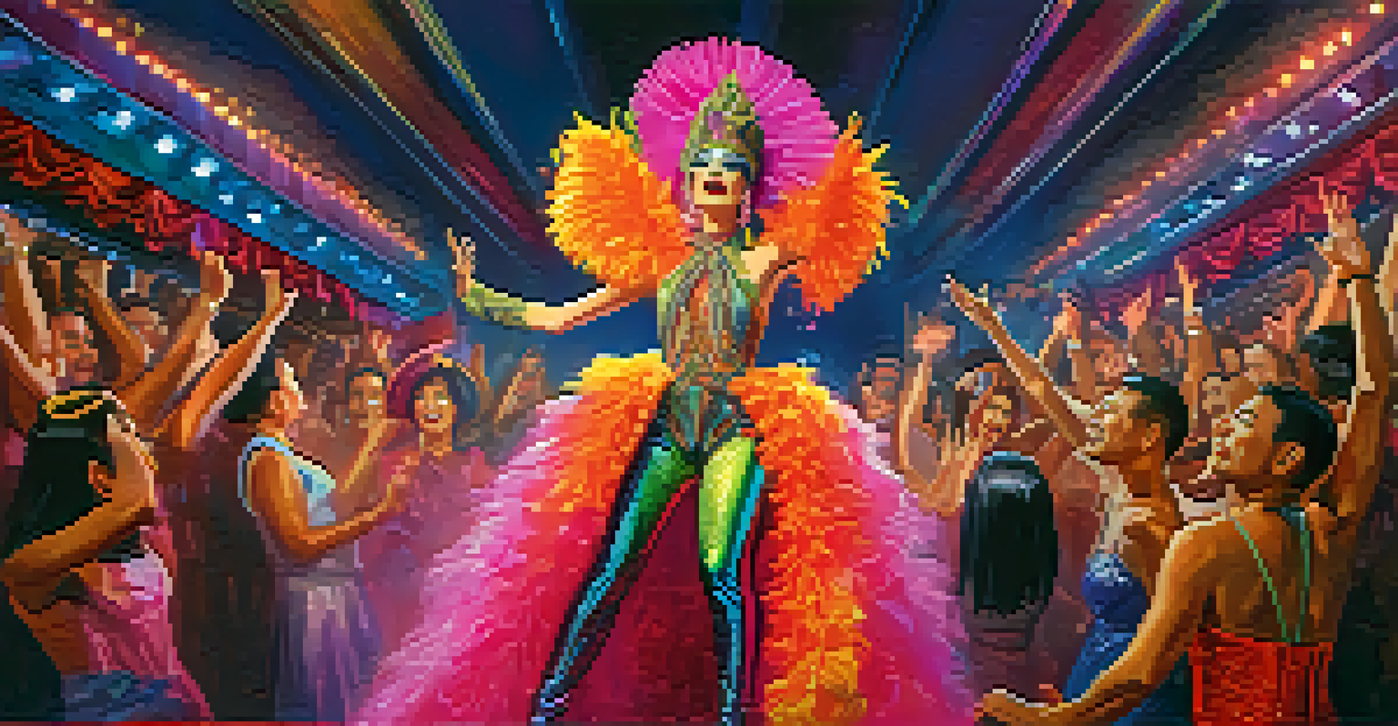 A drag performer in an extravagant costume on stage at a cabaret in Bangkok, surrounded by an enthusiastic audience enjoying the show.
