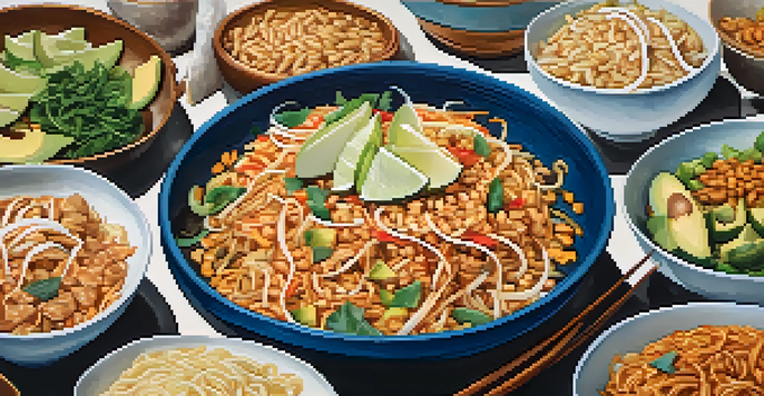 A circular arrangement of Pad Thai bowls from different cultures, each with unique ingredients, on a textured fabric background.