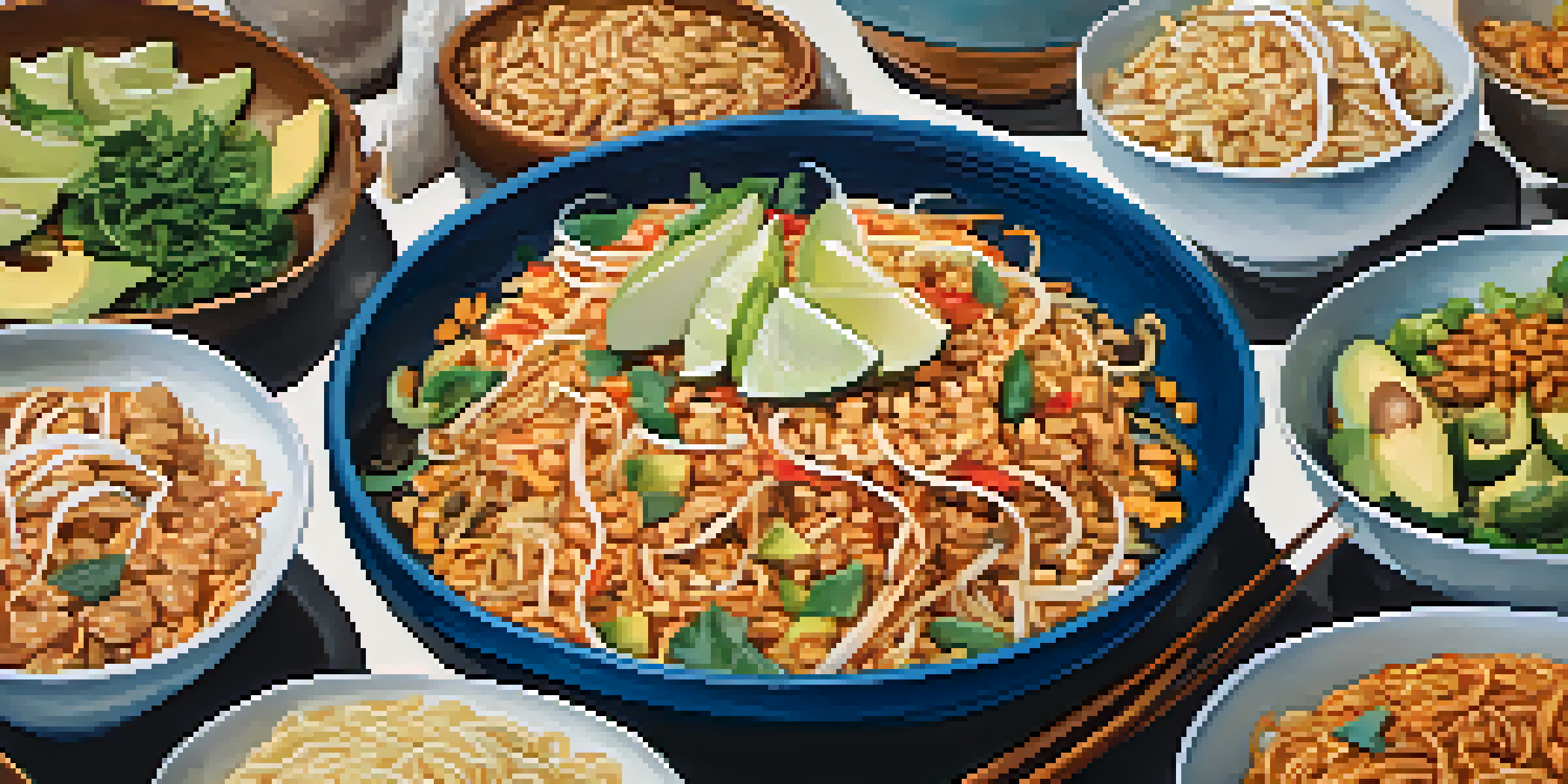 A circular arrangement of Pad Thai bowls from different cultures, each with unique ingredients, on a textured fabric background.