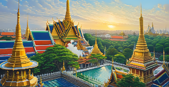 A stunning view of the Grand Palace in Bangkok, featuring golden spires and colorful mosaics illuminated by warm sunlight during the golden hour, with green gardens in the foreground.