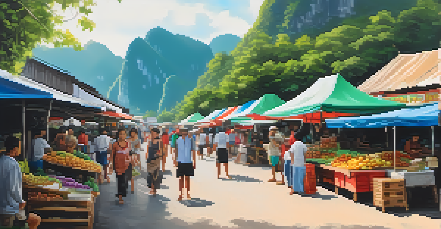 A lively market on Koh Phi Phi with stalls of fresh fruits and handicrafts.