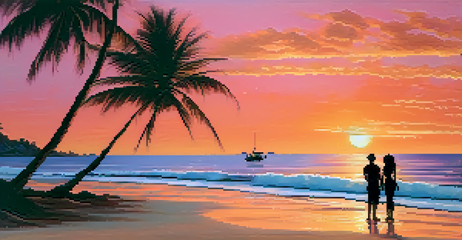 A romantic sunset at a Thai beach with a couple silhouetted against the colorful sky.