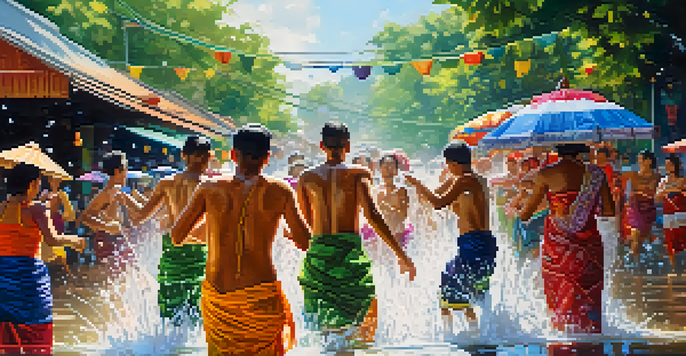 A lively celebration of the Songkran festival in Thailand, with people splashing water and wearing colorful traditional outfits.