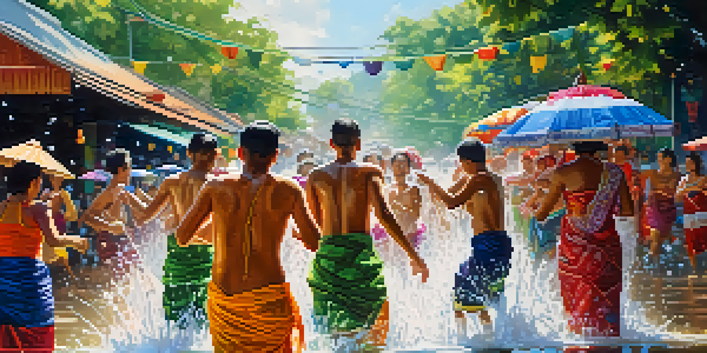 A lively celebration of the Songkran festival in Thailand, with people splashing water and wearing colorful traditional outfits.