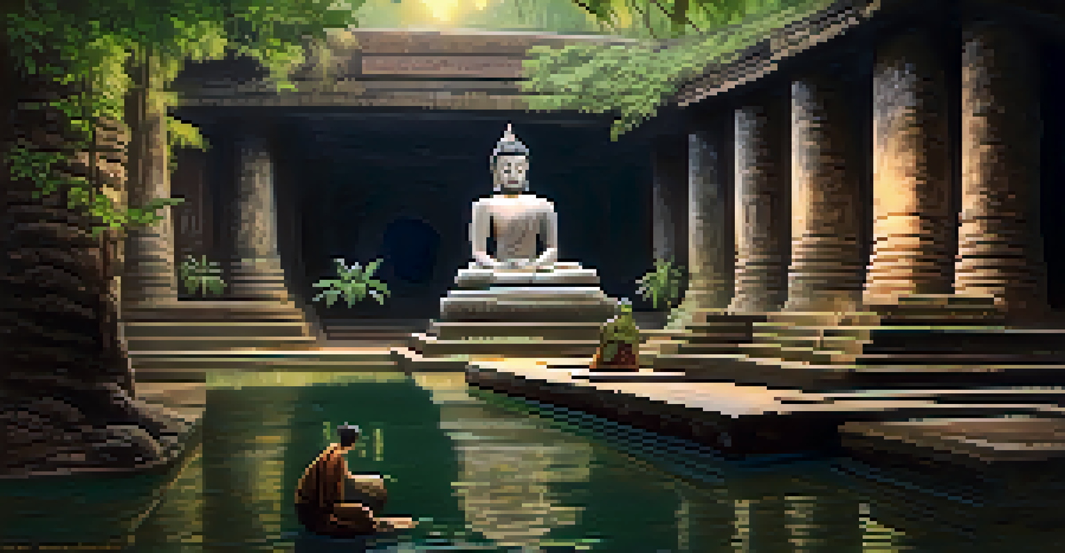 A serene view of Wat Umong with underground tunnels filled with Buddha images, surrounded by a lush forest and a peaceful pond.