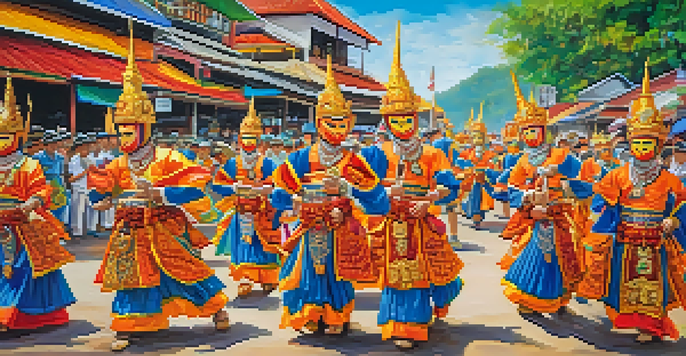 Participants in colorful masks and costumes celebrating Phi Ta Khon festival in Thailand, with a lively parade and traditional decorations in the background.