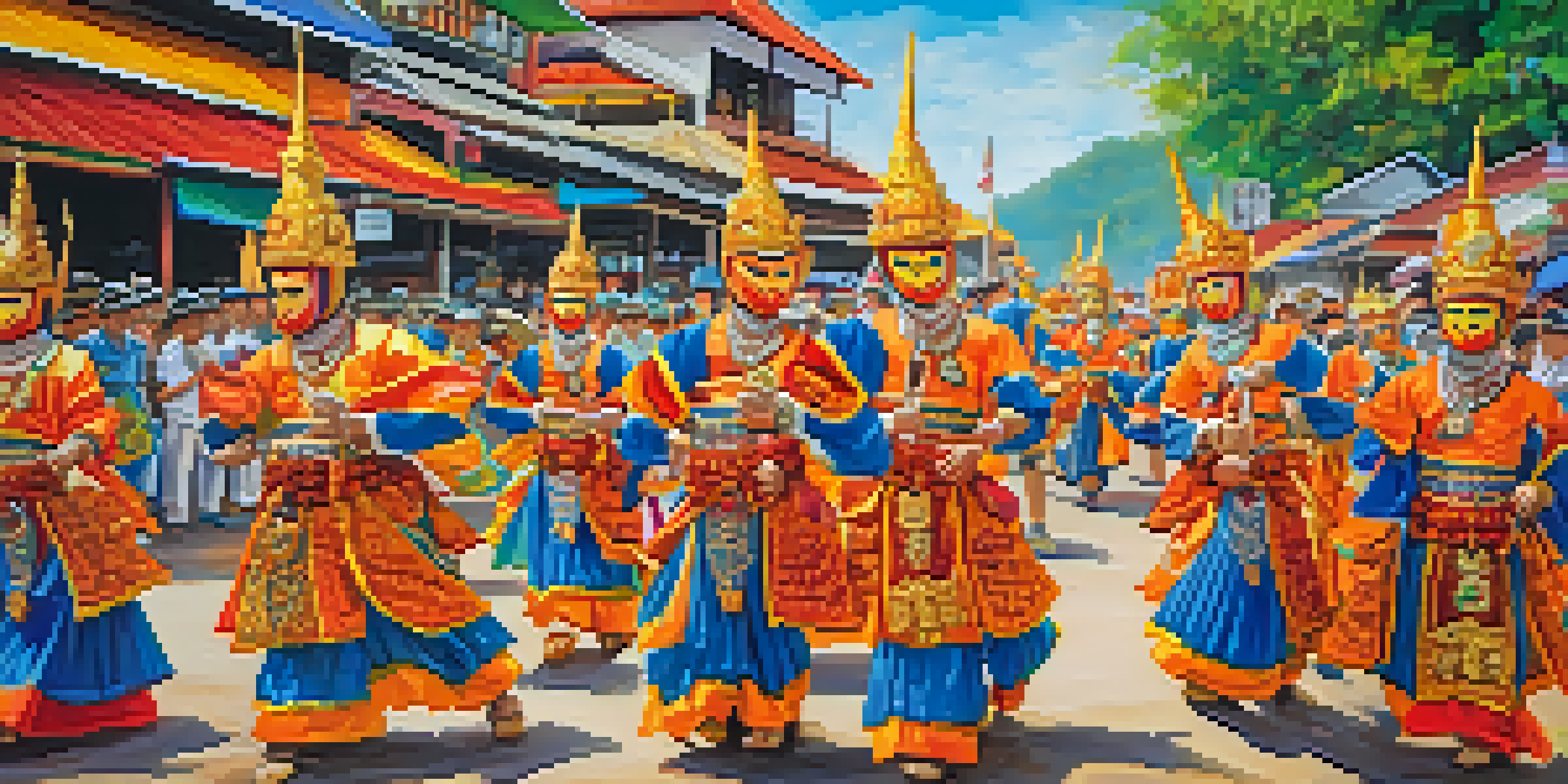 Participants in colorful masks and costumes celebrating Phi Ta Khon festival in Thailand, with a lively parade and traditional decorations in the background.