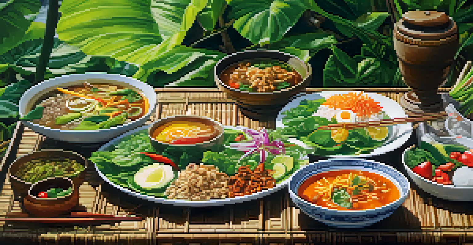 A vibrant outdoor setting featuring a Thai meal with colorful dishes on a woven mat, surrounded by greenery and dappled sunlight.