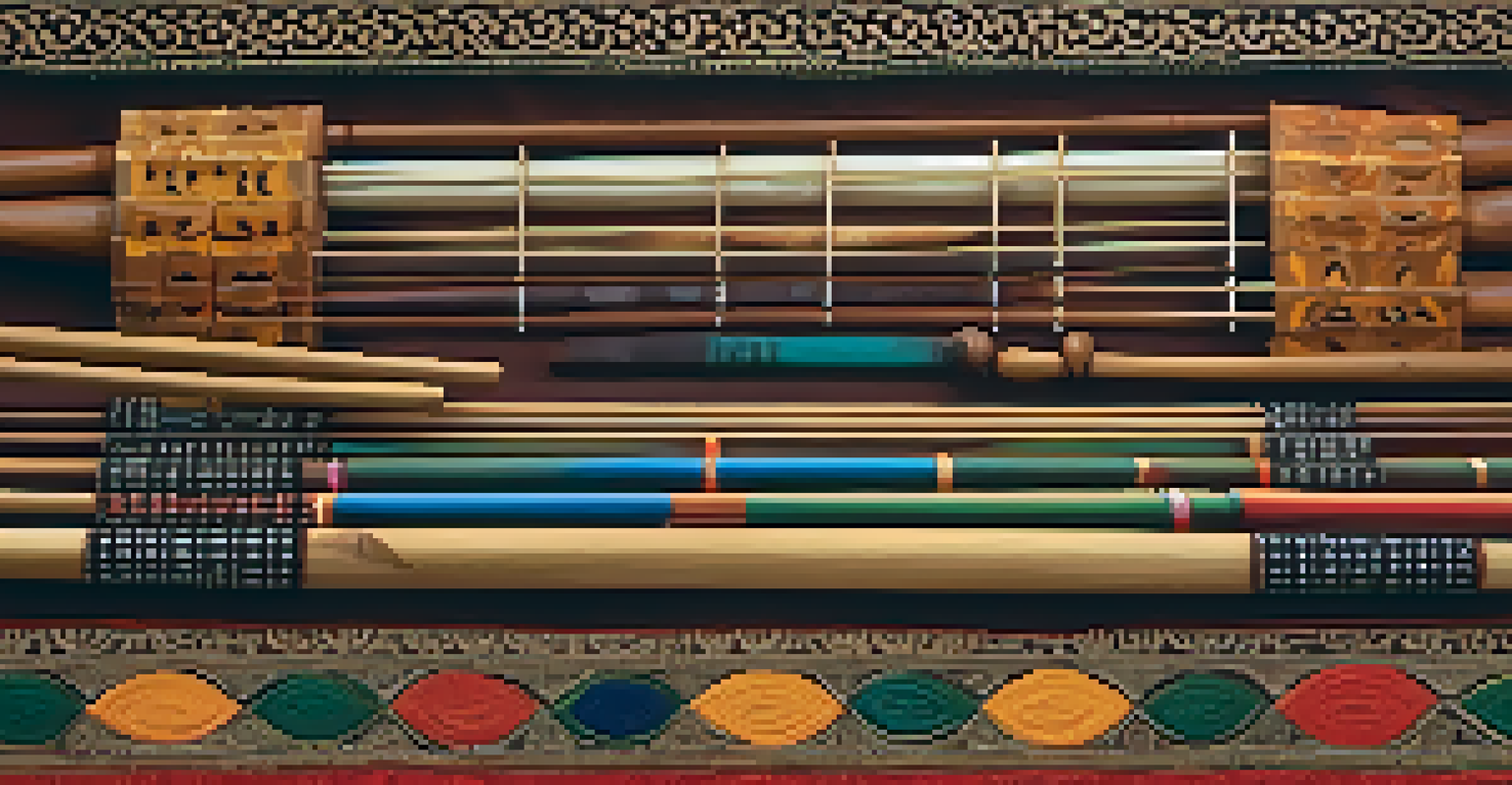 A close-up of handcrafted traditional Thai instruments like a ranat xylophone and pi, showcasing their intricate details on silk fabric.