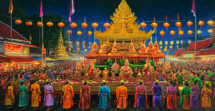 A lively candle parade in Ubon Ratchathani featuring beautifully lit candle sculptures and excited spectators dressed in traditional clothing.
