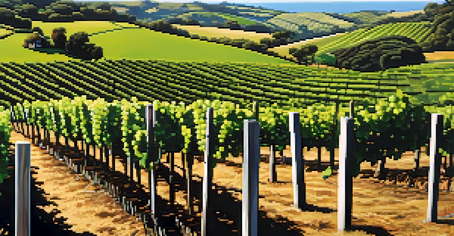 A vineyard on Waiheke Island in New Zealand with a wine tasting table and ocean view in the background.