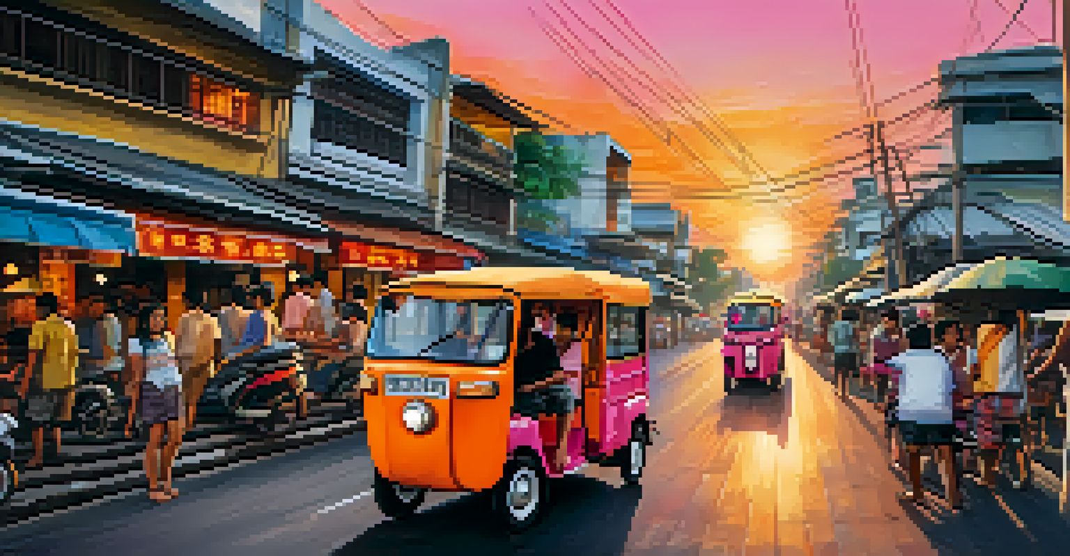 Passengers in an open-air tuk-tuk riding through Bangkok at sunset with colorful skies.