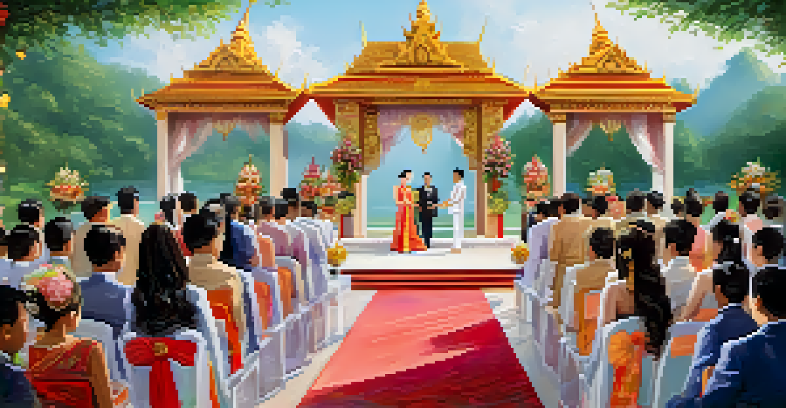 A formal Thai wedding ceremony outdoors with guests in elegant traditional outfits and floral decorations, featuring the bride and groom under a decorative arch.