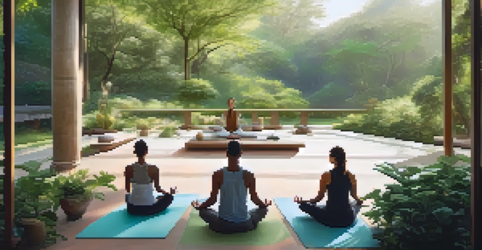 A peaceful outdoor meditation session at a wellness retreat, with participants seated in a circle on yoga mats surrounded by greenery.
