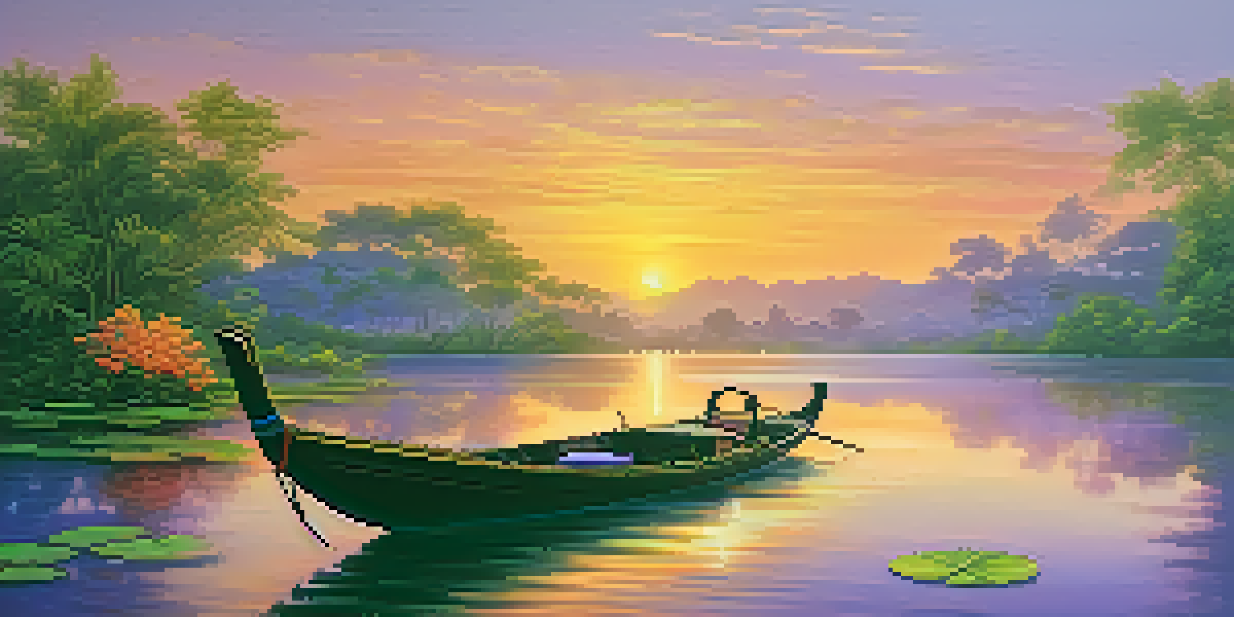 A tranquil Thai river landscape at sunset with a boat and colorful flowers.