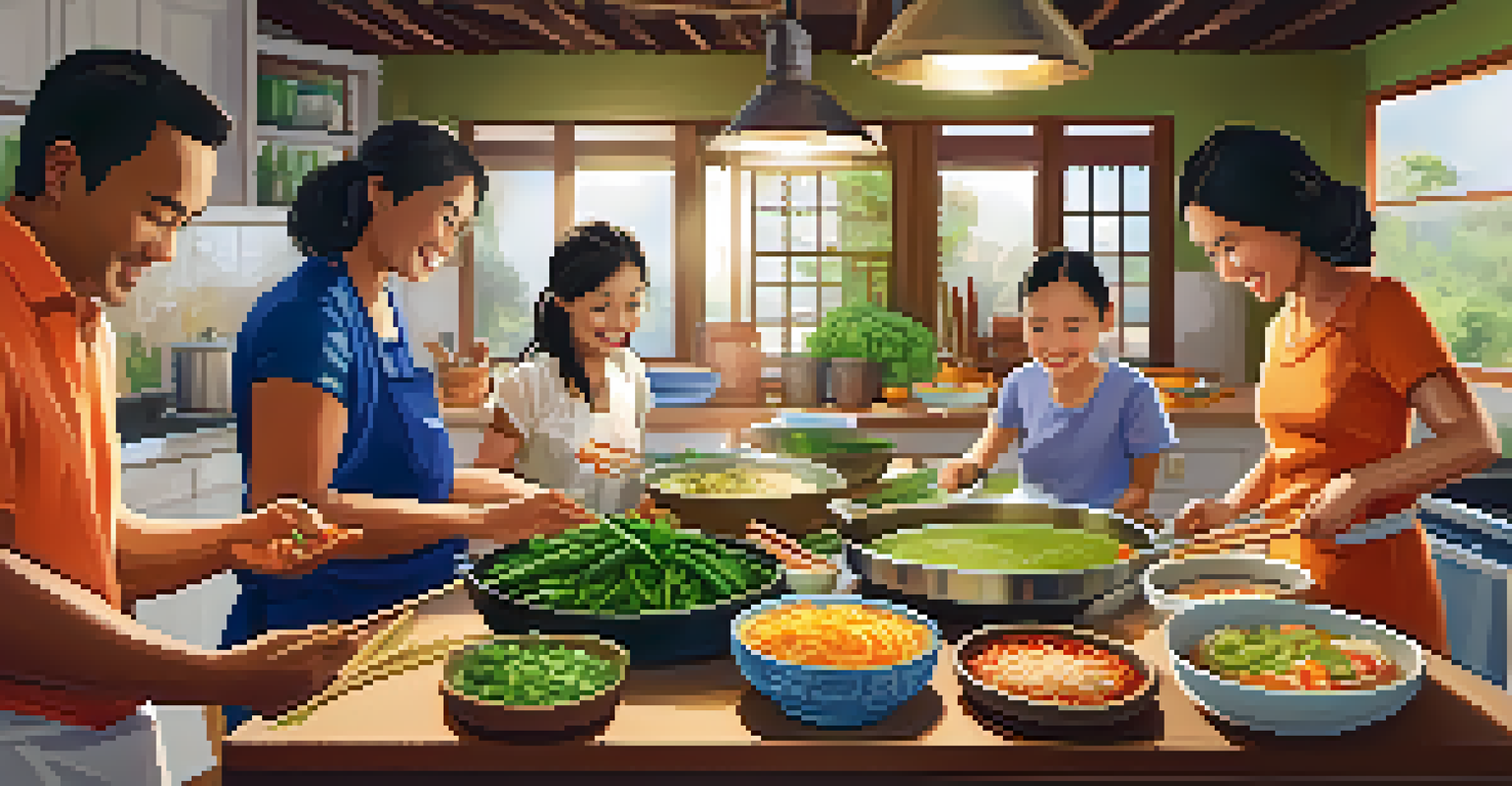 A family cooking together in a Thai kitchen, preparing traditional dishes like Pad Thai and Green Curry with fresh ingredients.