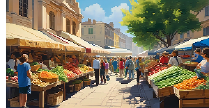 A vibrant outdoor market with colorful stalls, fresh produce, and people socializing under a bright sky.